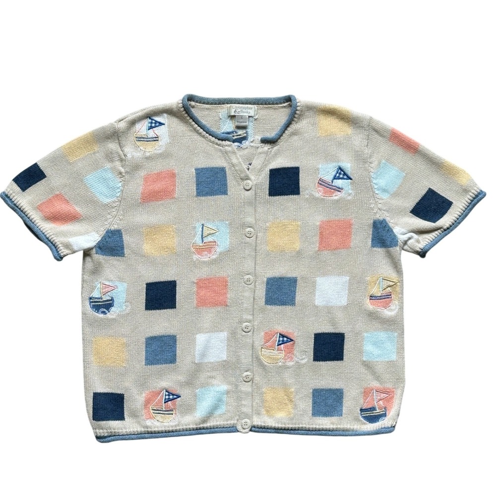 00s VTG Christopher & Banks Nautical Coastal Sailboat Short Sleeve Knit Cardigan